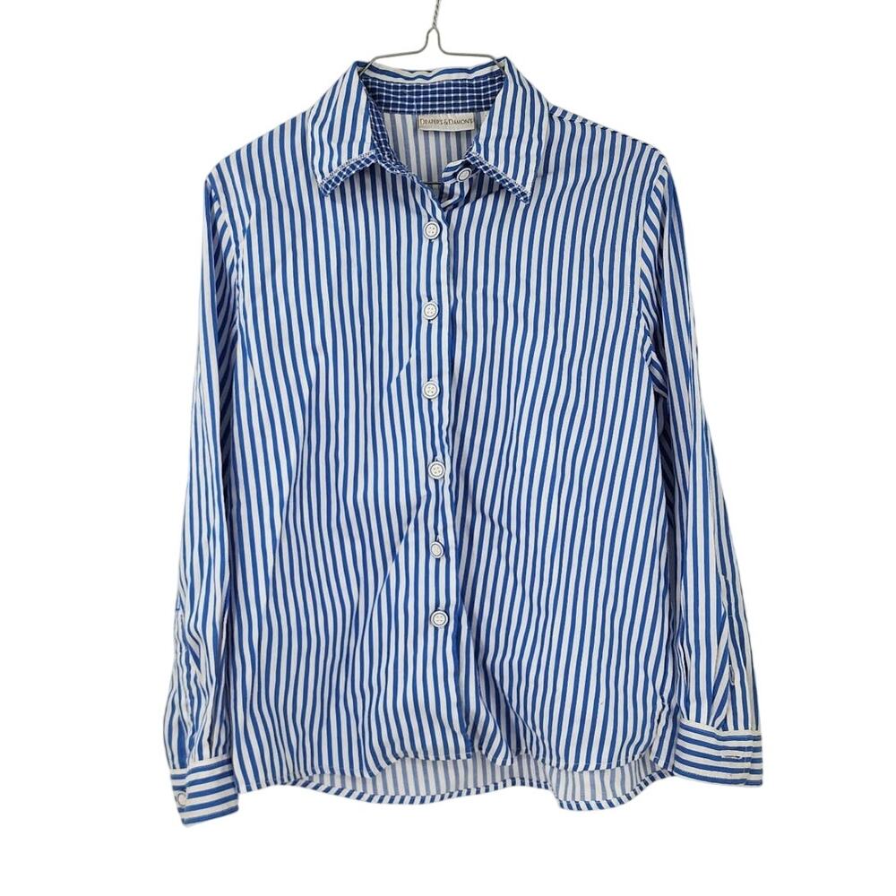 DRAPER'S AND DAMON'S Blue and White Striped Button Down Top Womens Petite Small
